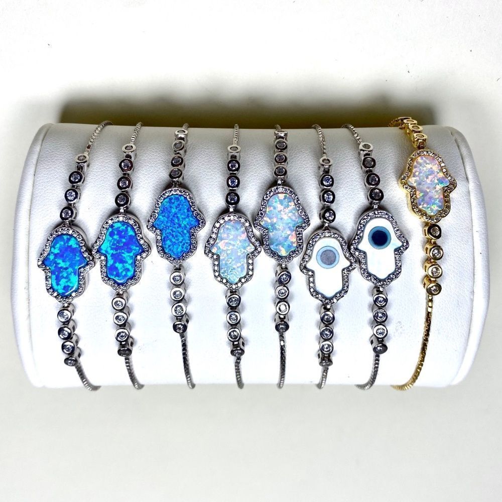 HAMSA 🪬 EVIL EYE 🧿 STERLING PLATED SLIDE CHAIN BRACELETS CZS FIRE OPALS NWT